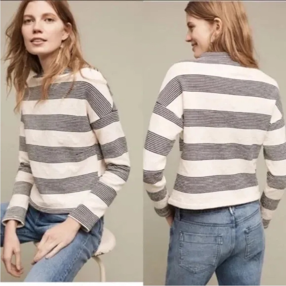 Anthropologie Eri + Ali Navy and White Striped Mock Neck Sweater Size Large